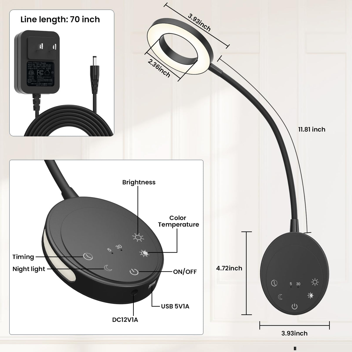 NoeiiT wall-mounted reading light night light mode provides soft ambient glow.