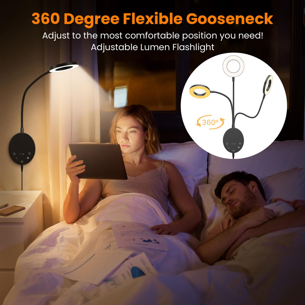 NoeiiT wall-mounted reading light USB port enables device charging while reading.