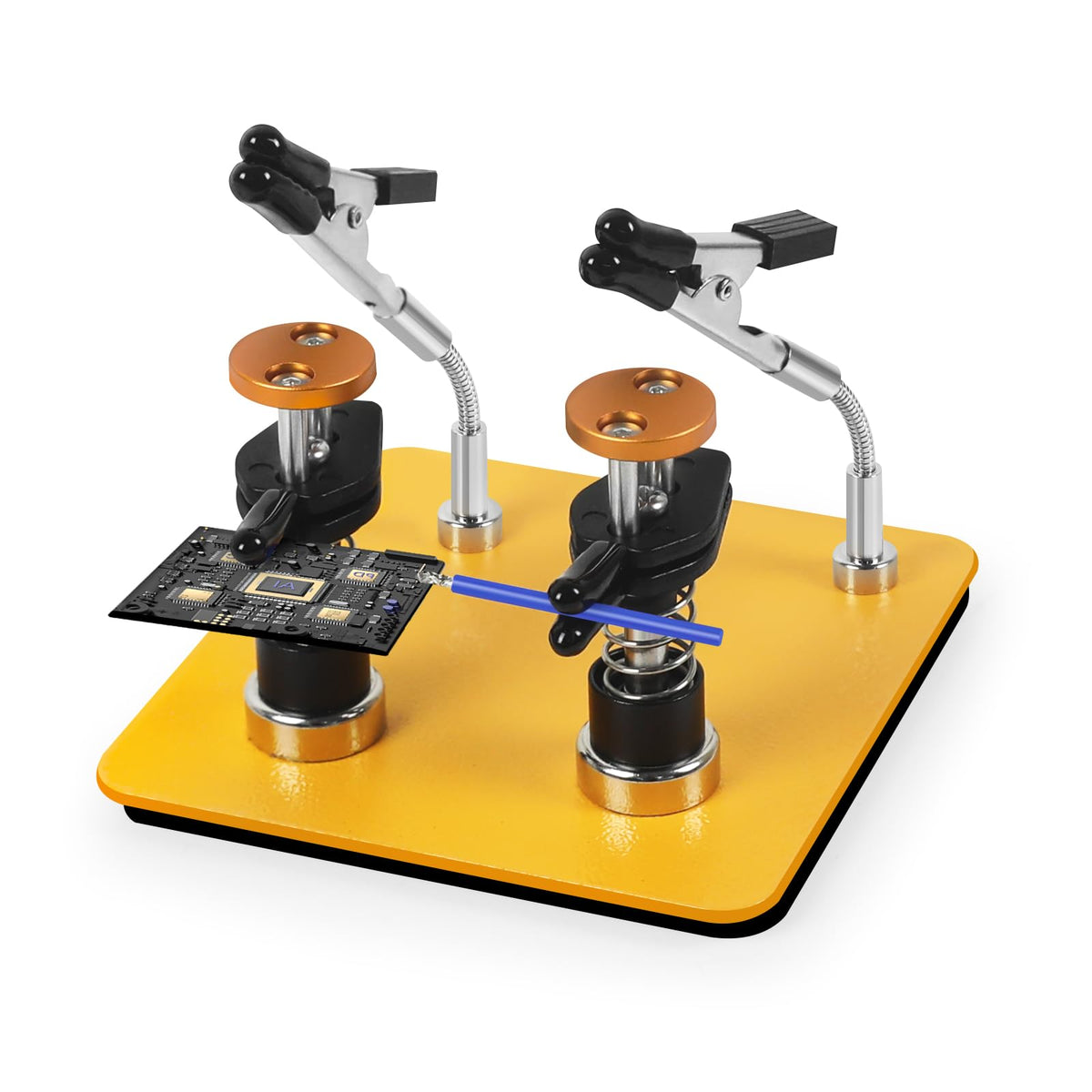 NOEVSBIG Helping Hands dual clamp secures PCB and wires for steady soldering.