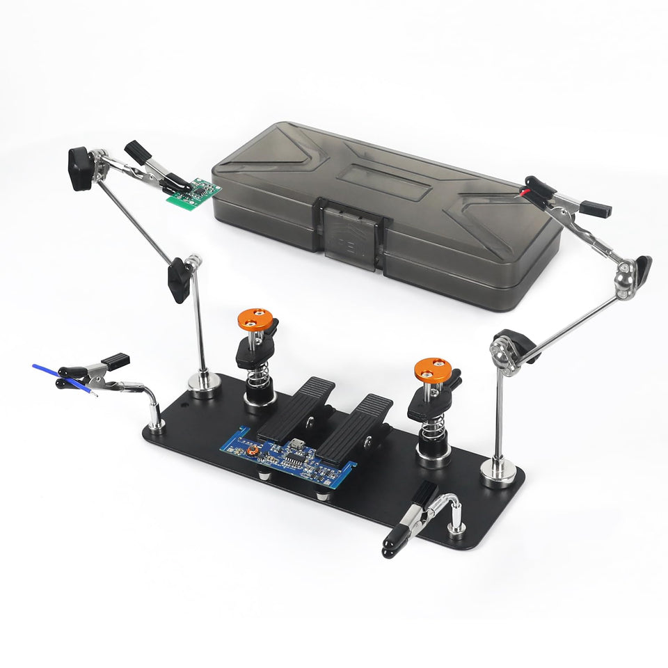 NOEVSBIG magnetic helping hands dual-head close-up showing secure hold for precise soldering