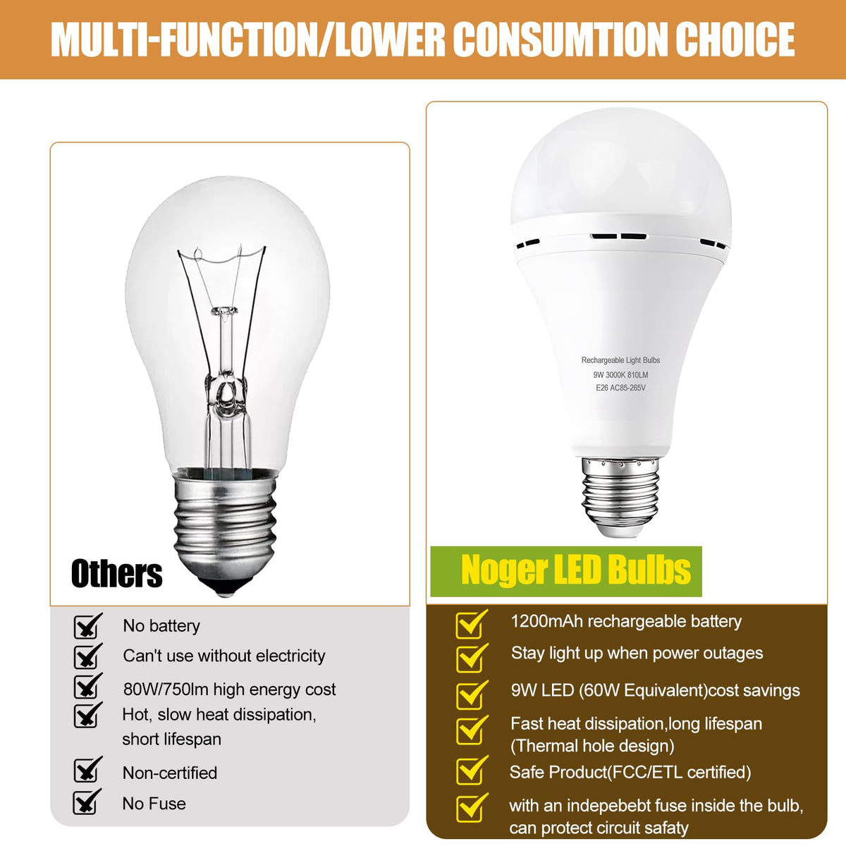 Noger bulbs detached for portable illumination during outages and outdoor use
