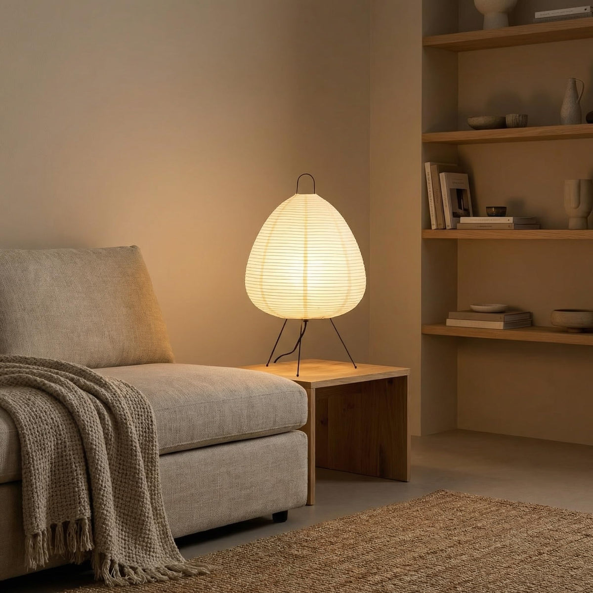 Nogy Akari Noguchi lamp as a focal point in Japandi interior.