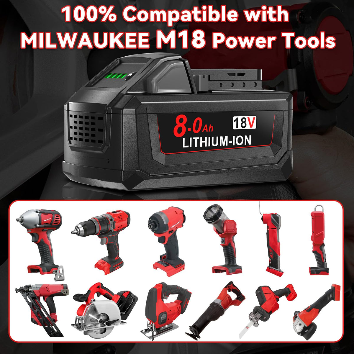 Nonbliep Milwaukee 18V battery compatibility image highlights broad tool fit for Milwaukee users.