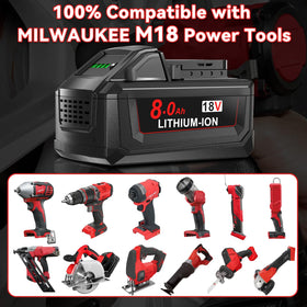 Nonbliep Milwaukee 18V battery compatibility image highlights broad tool fit for Milwaukee users.
