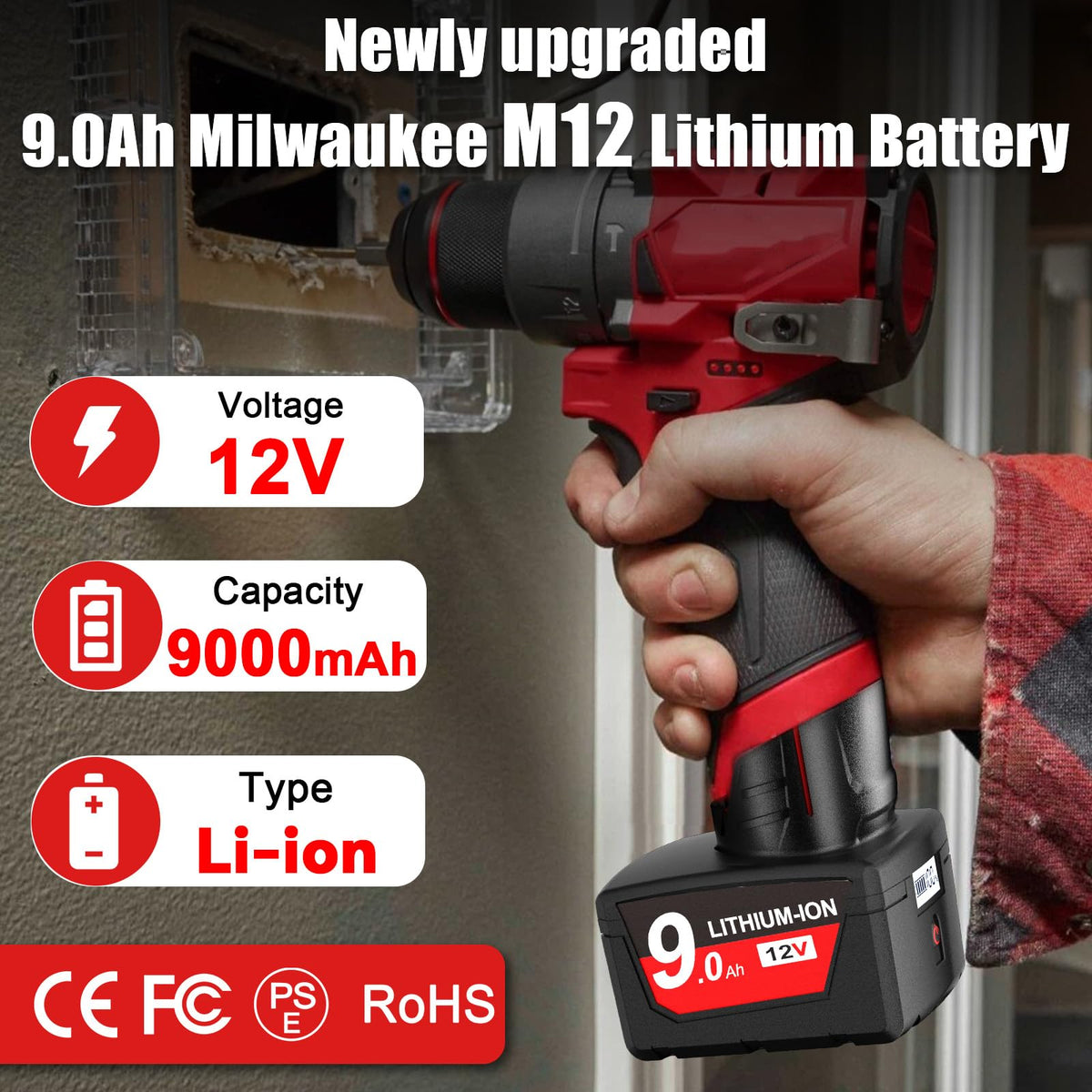 Front view of Nonbliep 9Ah Milwaukee M12 battery pack showing labeling