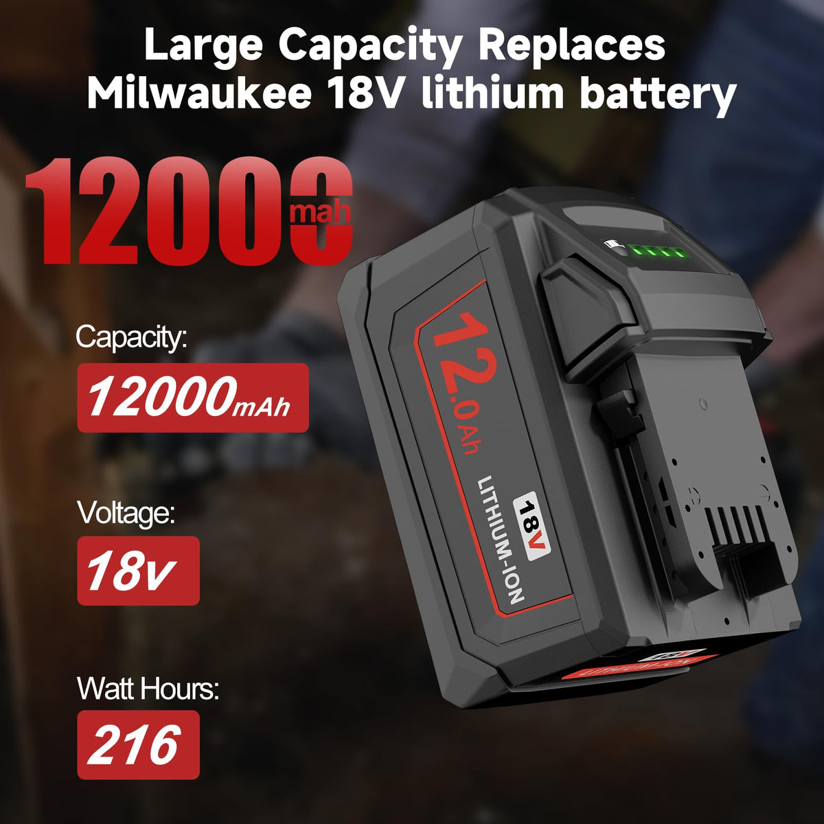 Nonbliep Milwaukee M18 side view battery shows high capacity.