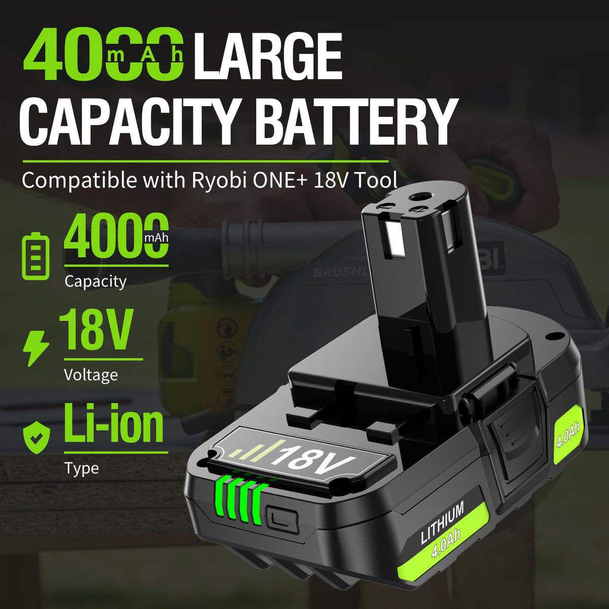 Nonbliep Ryobi 18V battery LED indicator displays charge status clearly