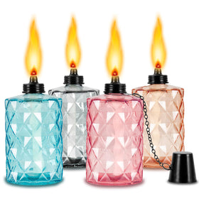 Nonley glass tabletop torch orange glow enhances patio ambiance.