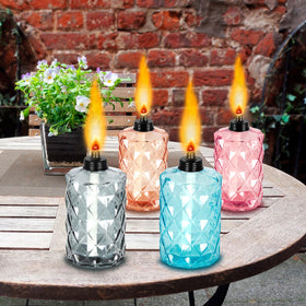 Nonley glass tabletop torch close-up shows refillable 12 oz canister.