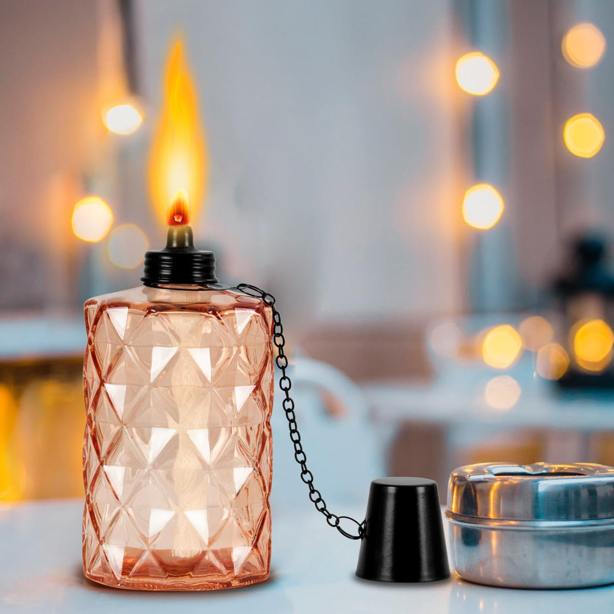 Nonley outdoor torches line a patio for warm dining.