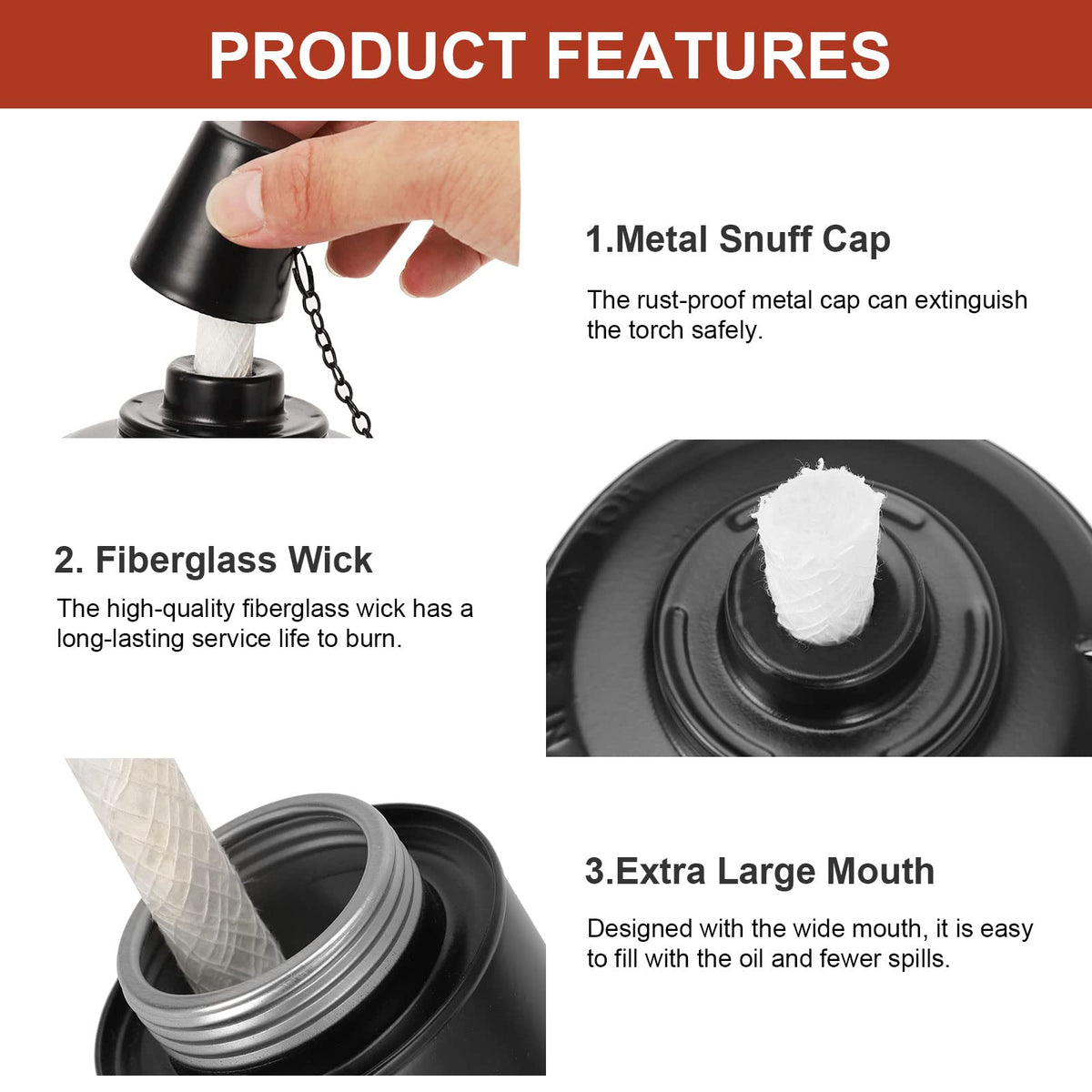 Nonley refillable torch canister with fiberglass wick delivers steady flame up to six hours.