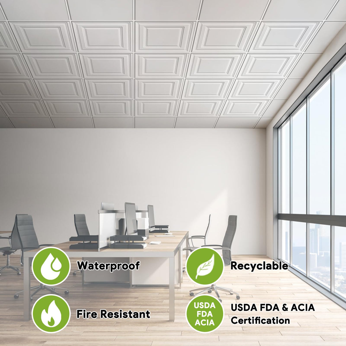Noooza grid-ready tiles fit standard T-bar systems with ease.