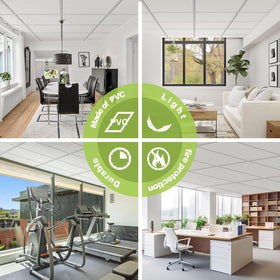 Noooza waterproof ceiling tiles resist moisture in kitchens and bathrooms.