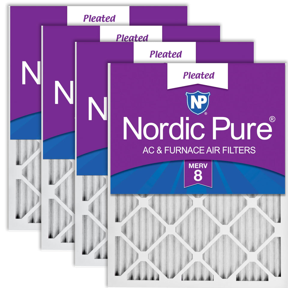 Nordic Pure pleated filter pack shows 16x20x1 size for HVAC efficiency.