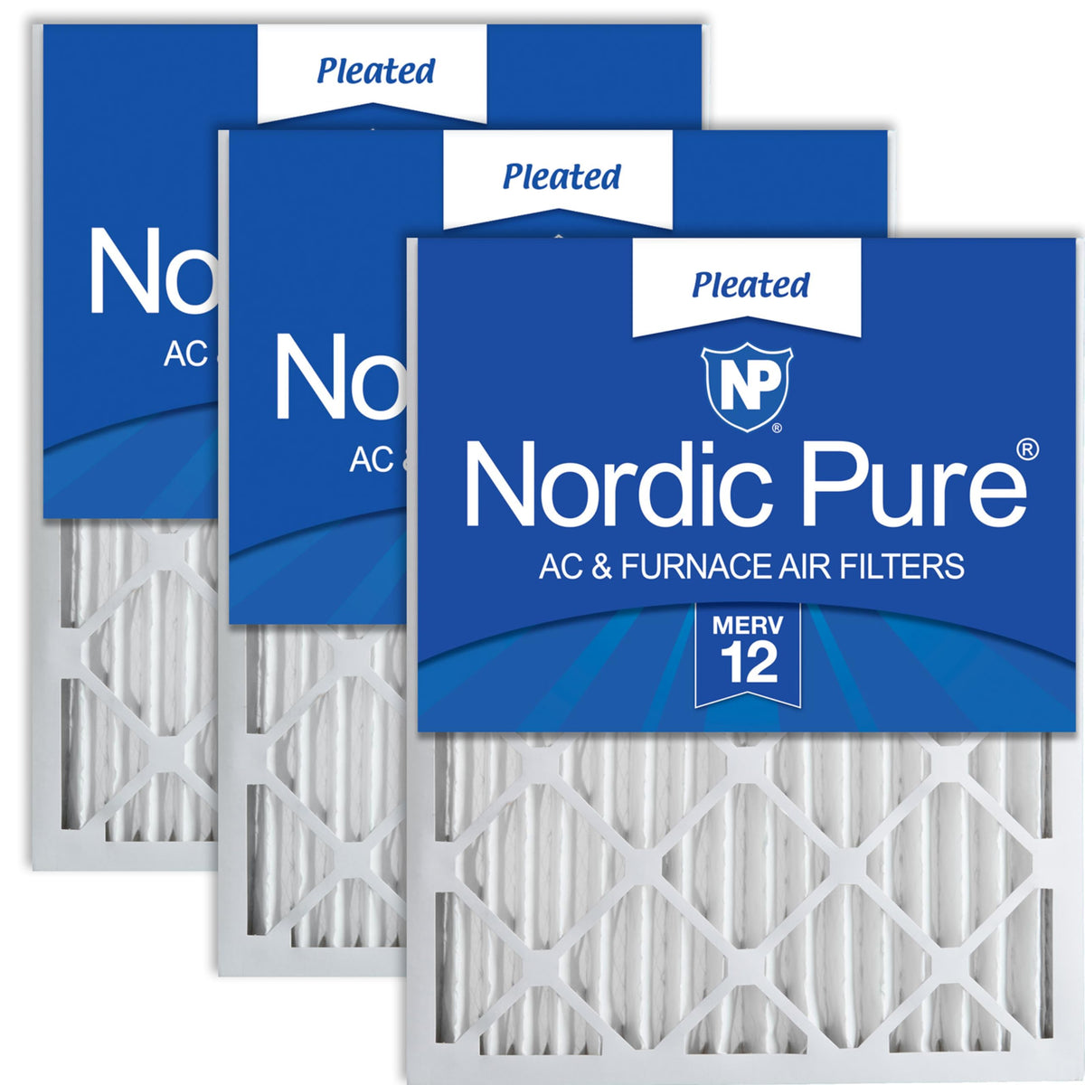 Nordic Pure MERV 12 pleated filter box of three for easy replacement.