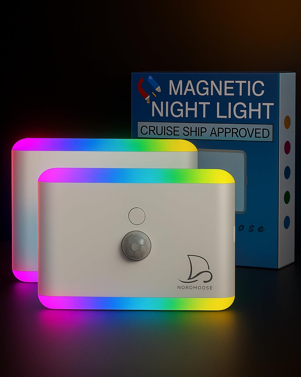 Nordmoose 2-pack magnetic night light attached to a cruise cabin wall for easy navigation.
