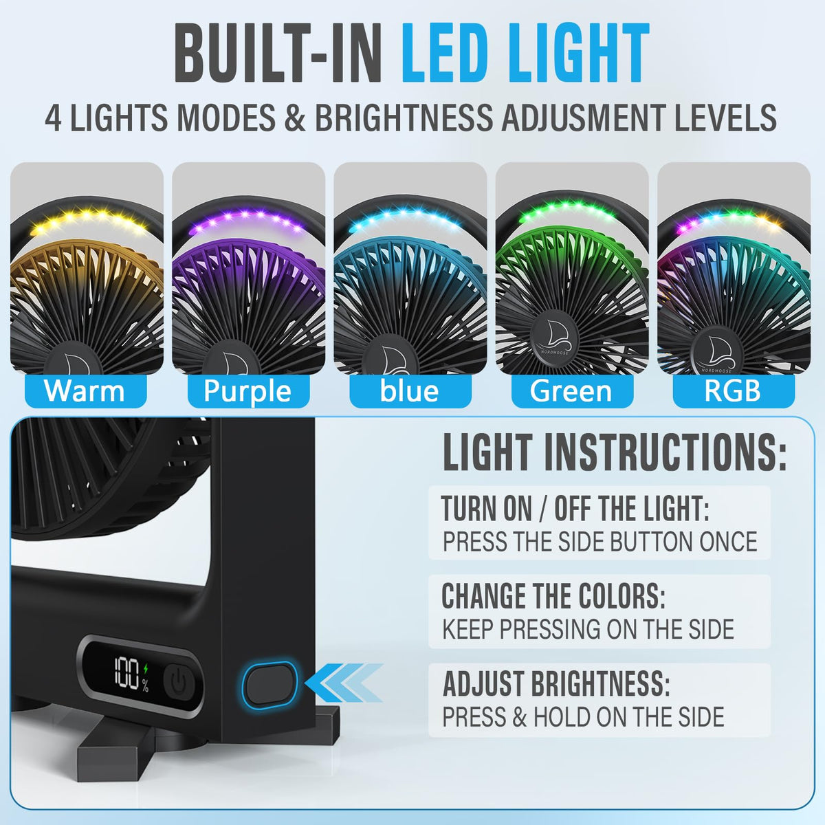 Nordmoose LED color light display shows mood lighting and visibility in cabin.