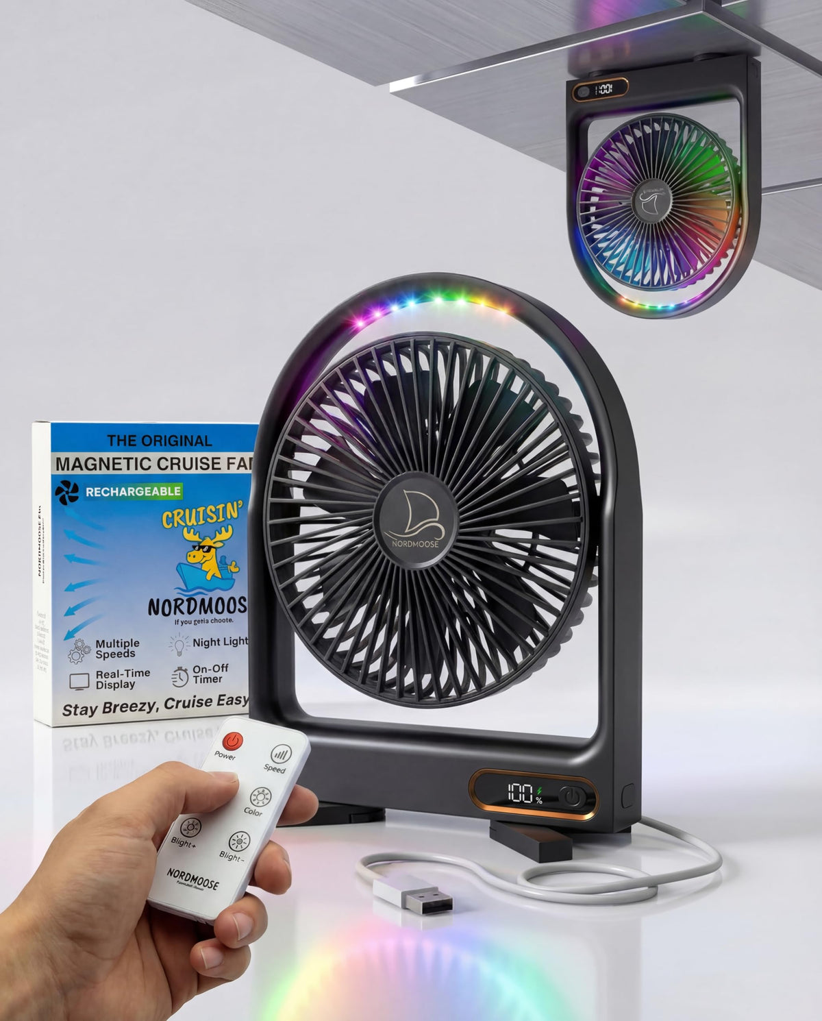 Nordmoose magnetic cruise fan base attaches securely to cabin wall for space-saving cooling.