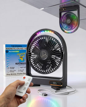 Nordmoose magnetic cruise fan base attaches securely to cabin wall for space-saving cooling.