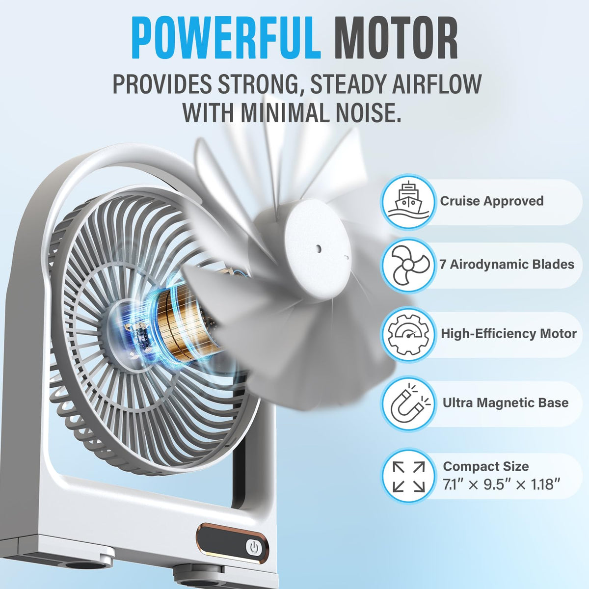 Nordmoose slim-profile cruise fan fits cabins on walls or ceilings.
