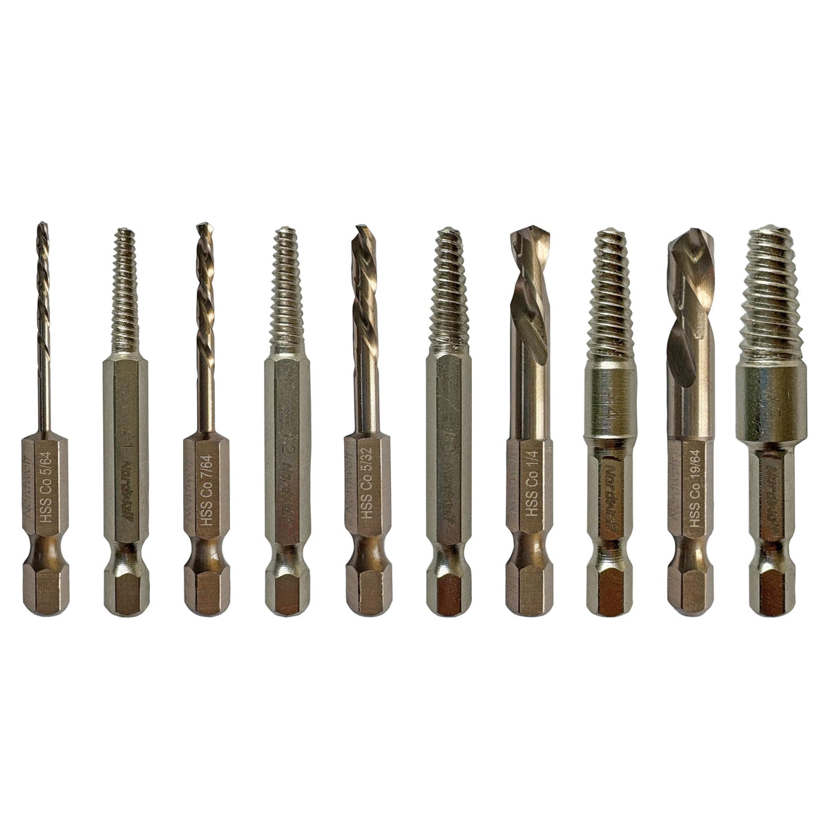NordWolf 10-piece stubby left-hand drill bits set in case for tight-space fastener removal.