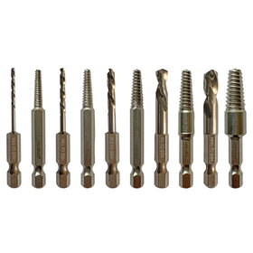 NordWolf 10-piece stubby left-hand drill bits set in case for tight-space fastener removal.