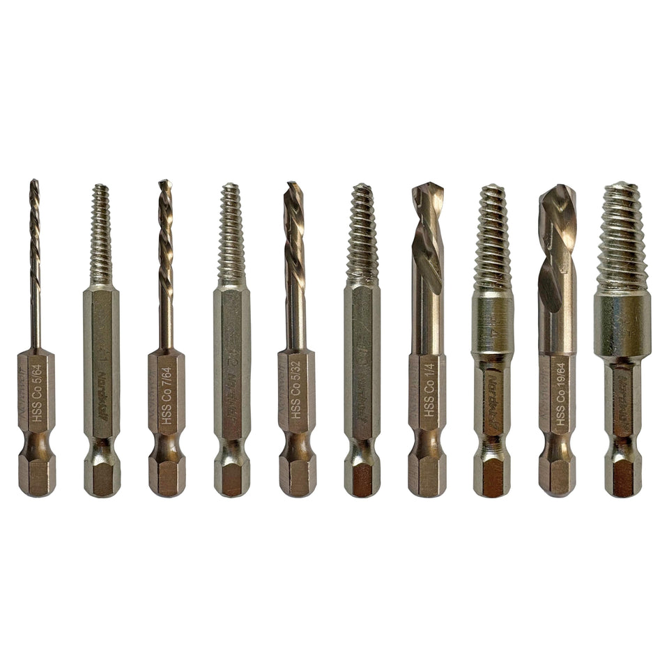 NordWolf 10-piece stubby left-hand drill bits set in case for tight-space fastener removal.
