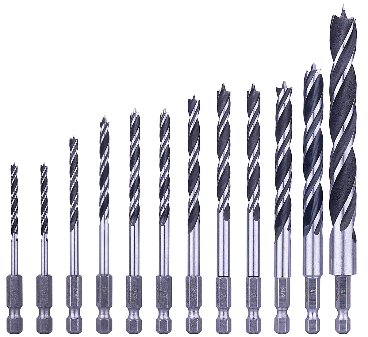 NordWolf 12-piece brad point drill set in focus for precise woodwork starts