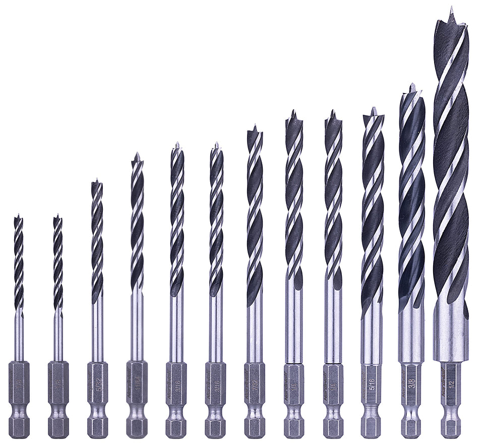 NordWolf 12-piece brad point drill set in focus for precise woodwork starts