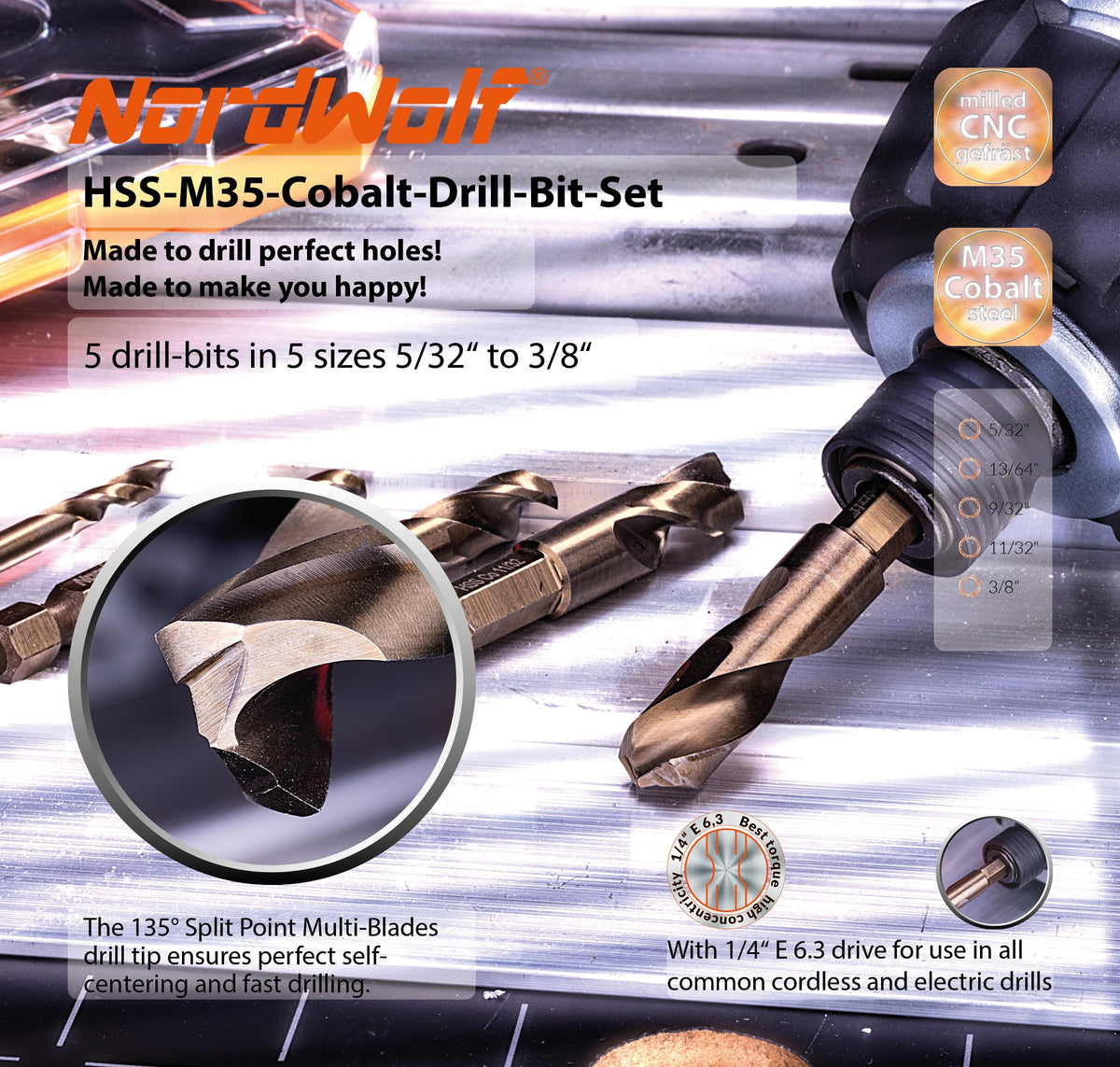 NordWolf cobalt stubby drill bit tip with 135 degree split point for precise starts