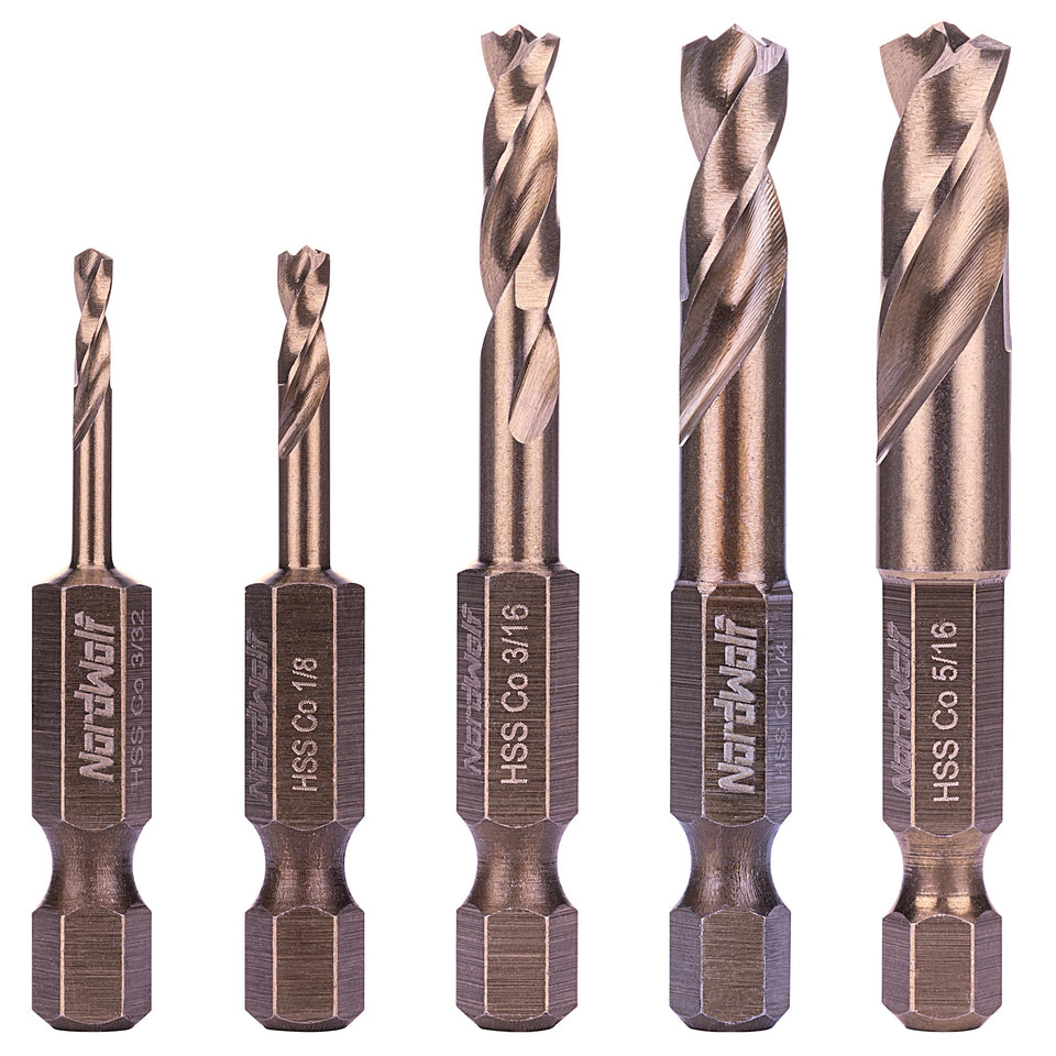 NordWolf 5-piece M35 cobalt stubby bits closeup showing durable tips for tough metals