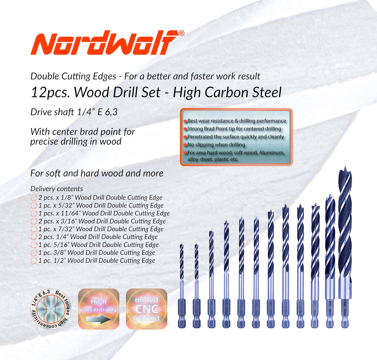 NordWolf brad point tip close-up showing self-centering precision