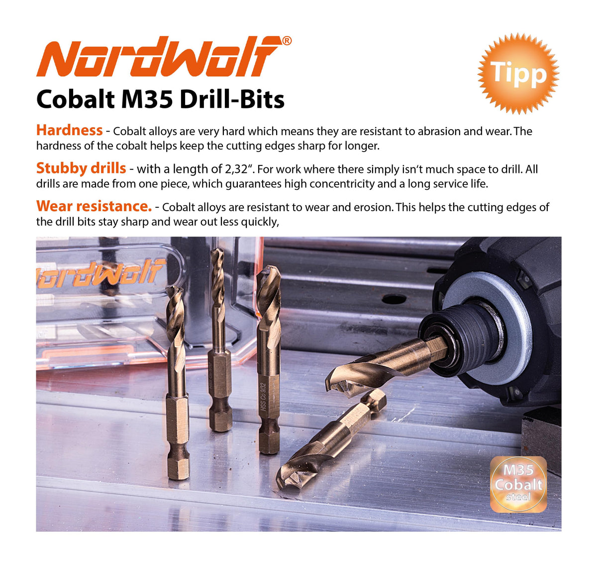 Close-up of NordWolf cobalt drill bit edge delivering durable performance