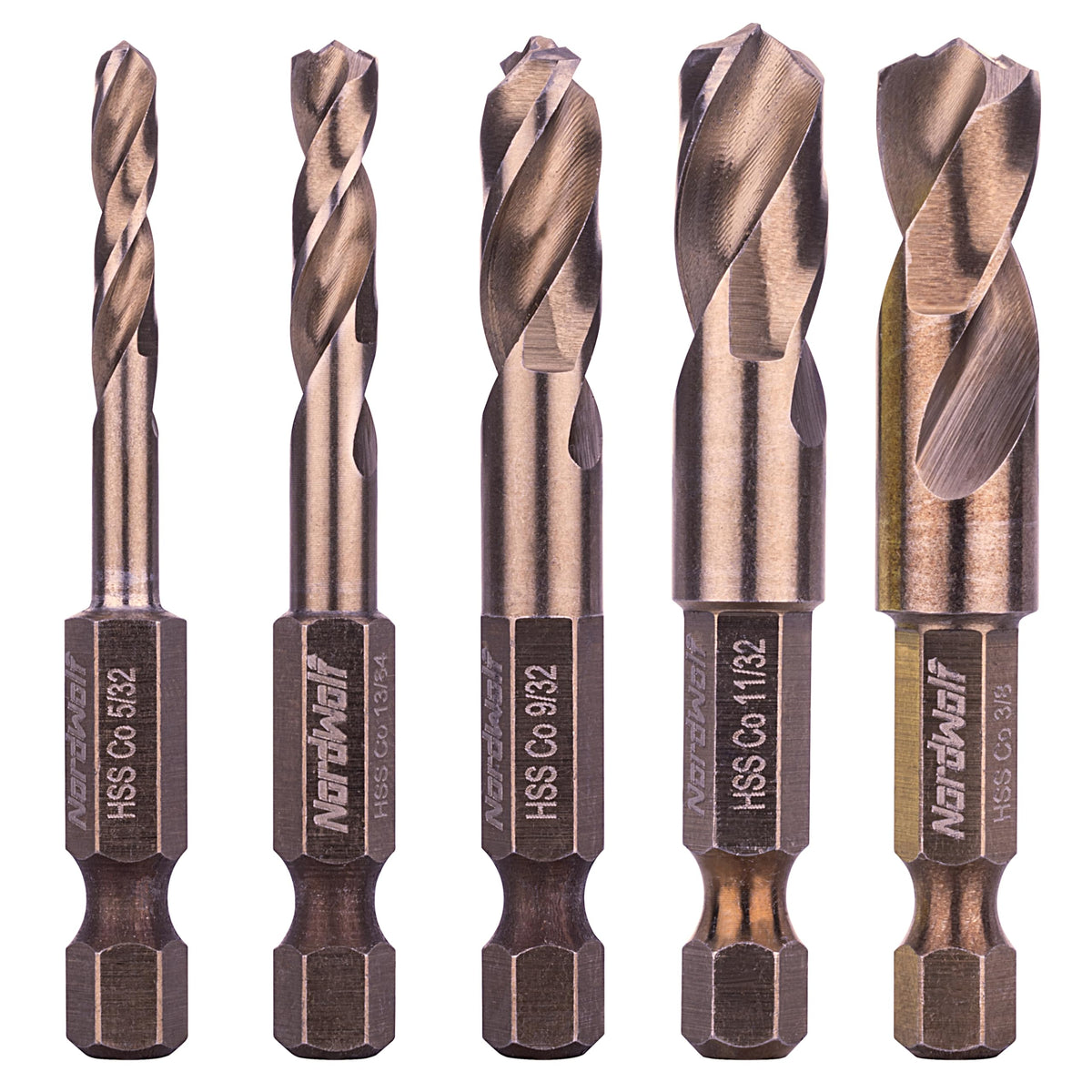 NordWolf 5-Piece Stubby Drill Bit Set box shows compact storage and clear labeling