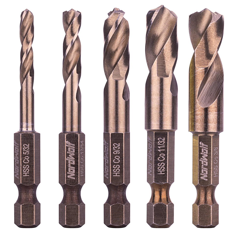 NordWolf 5-Piece Stubby Drill Bit Set box shows compact storage and clear labeling