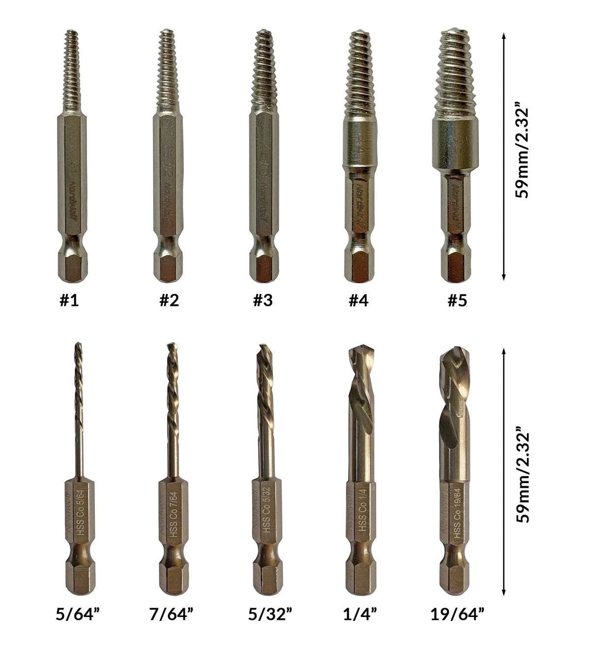 NordWolf stubby left-hand reverse drill bits with hex shank for quick tool changes.