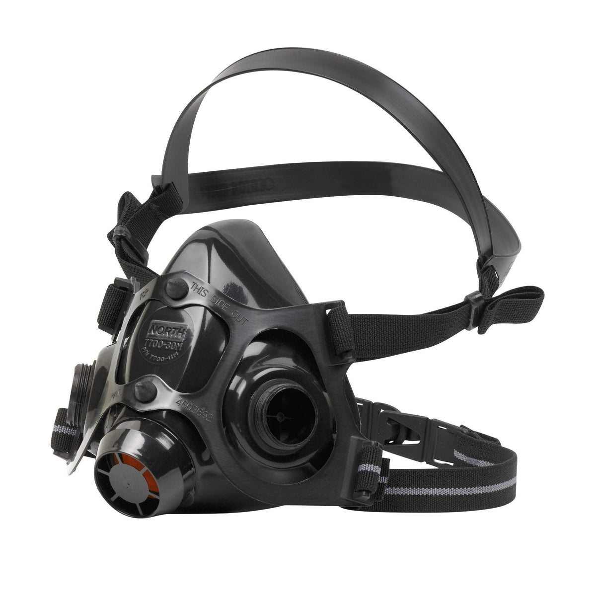 NORTH Honeywell 7700-series half mask silicone respirator face-seal closeup shows secure fit.