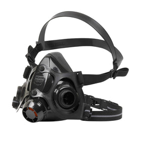NORTH Honeywell 7700-series half mask silicone respirator face-seal closeup shows secure fit.