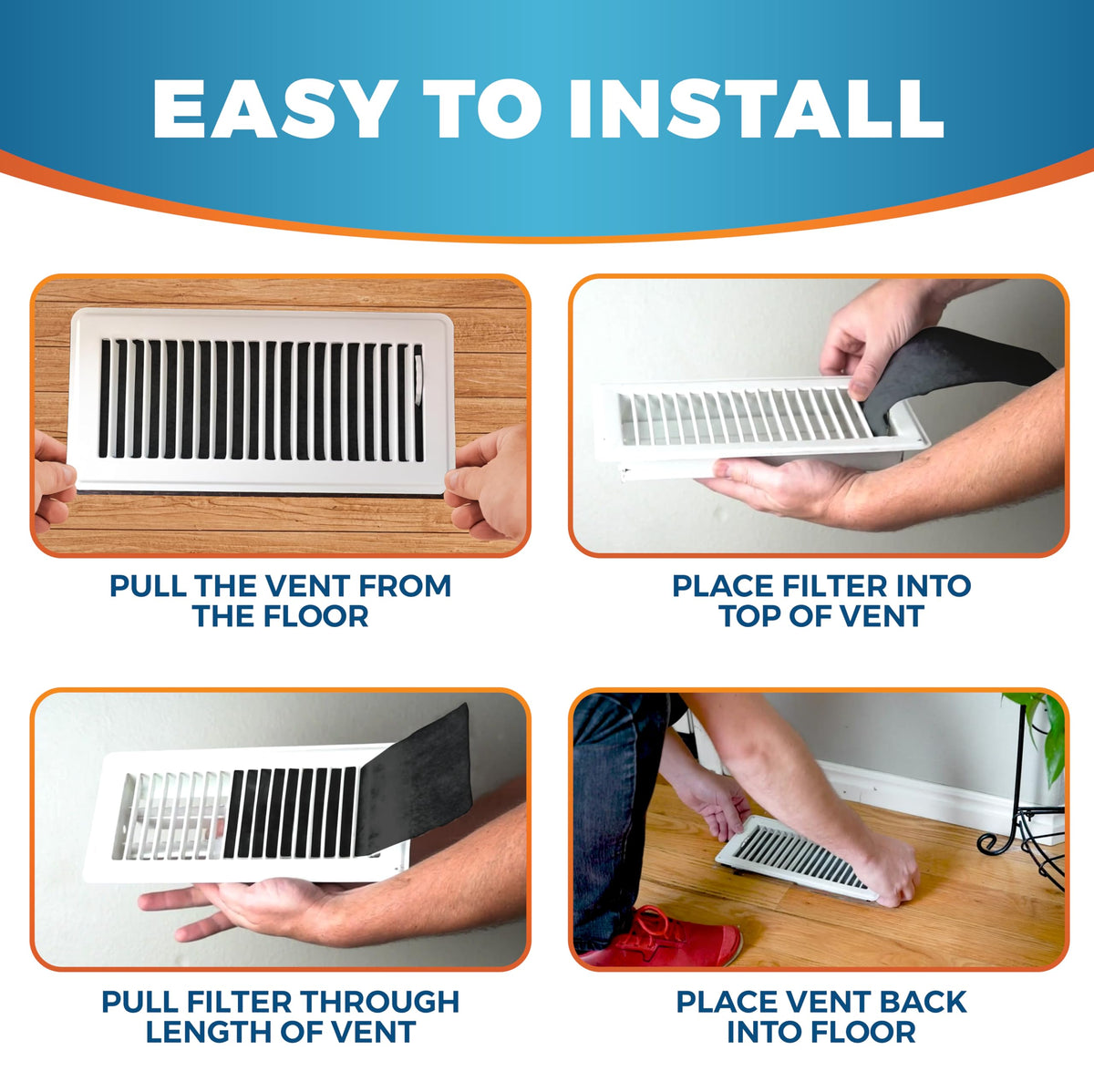 Install-ready 4x10 vent filter for standard floor vents.