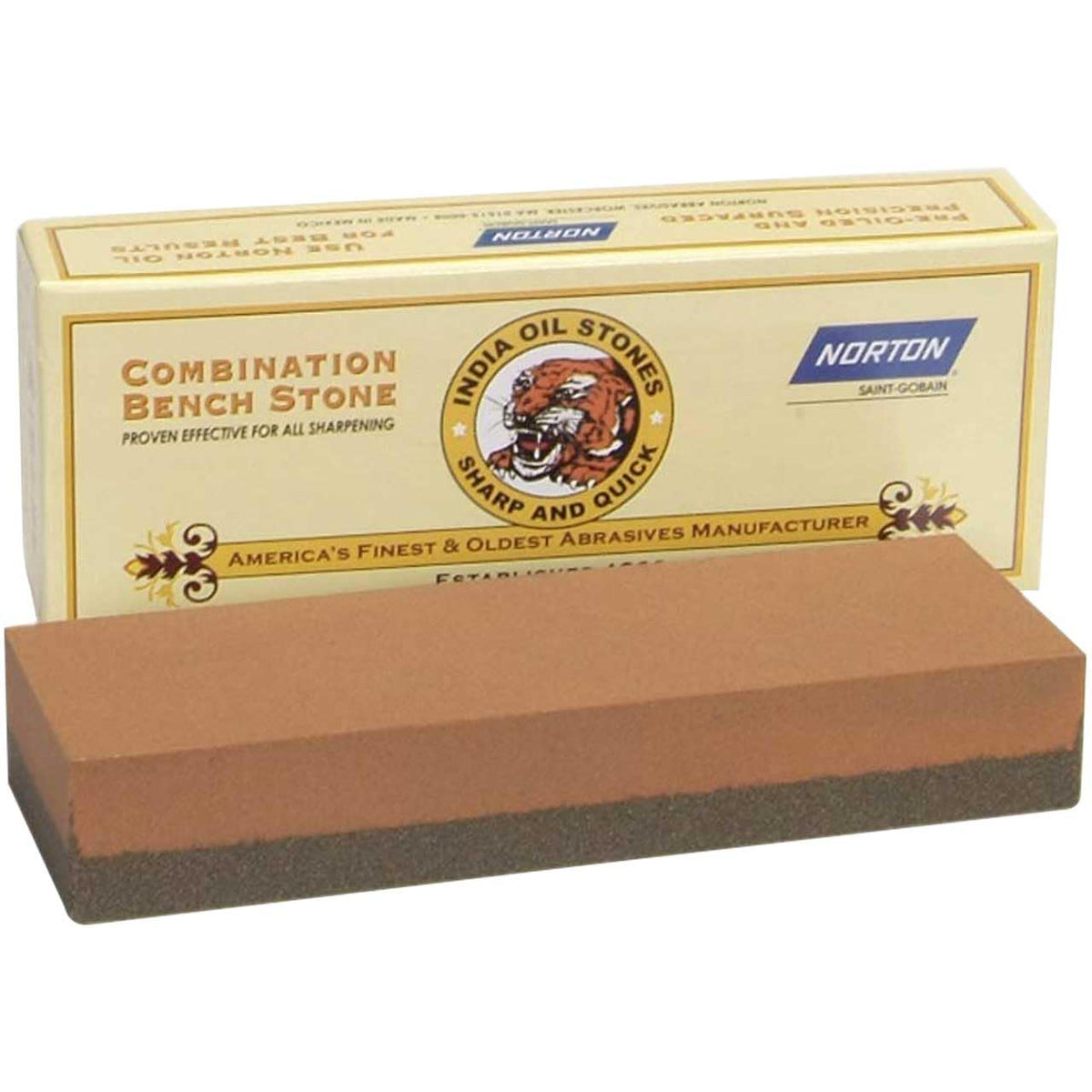 Norton combination grit benchstone front view, ready for precise sharpening with oil