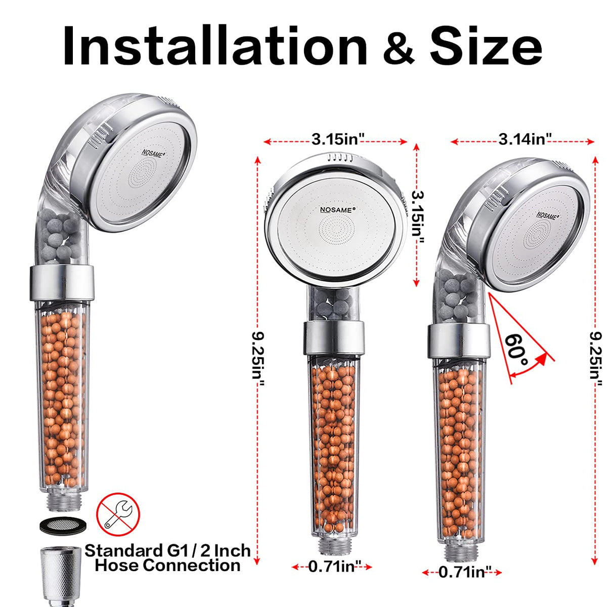 NOSAME transparent design of shower head showing filtration status
