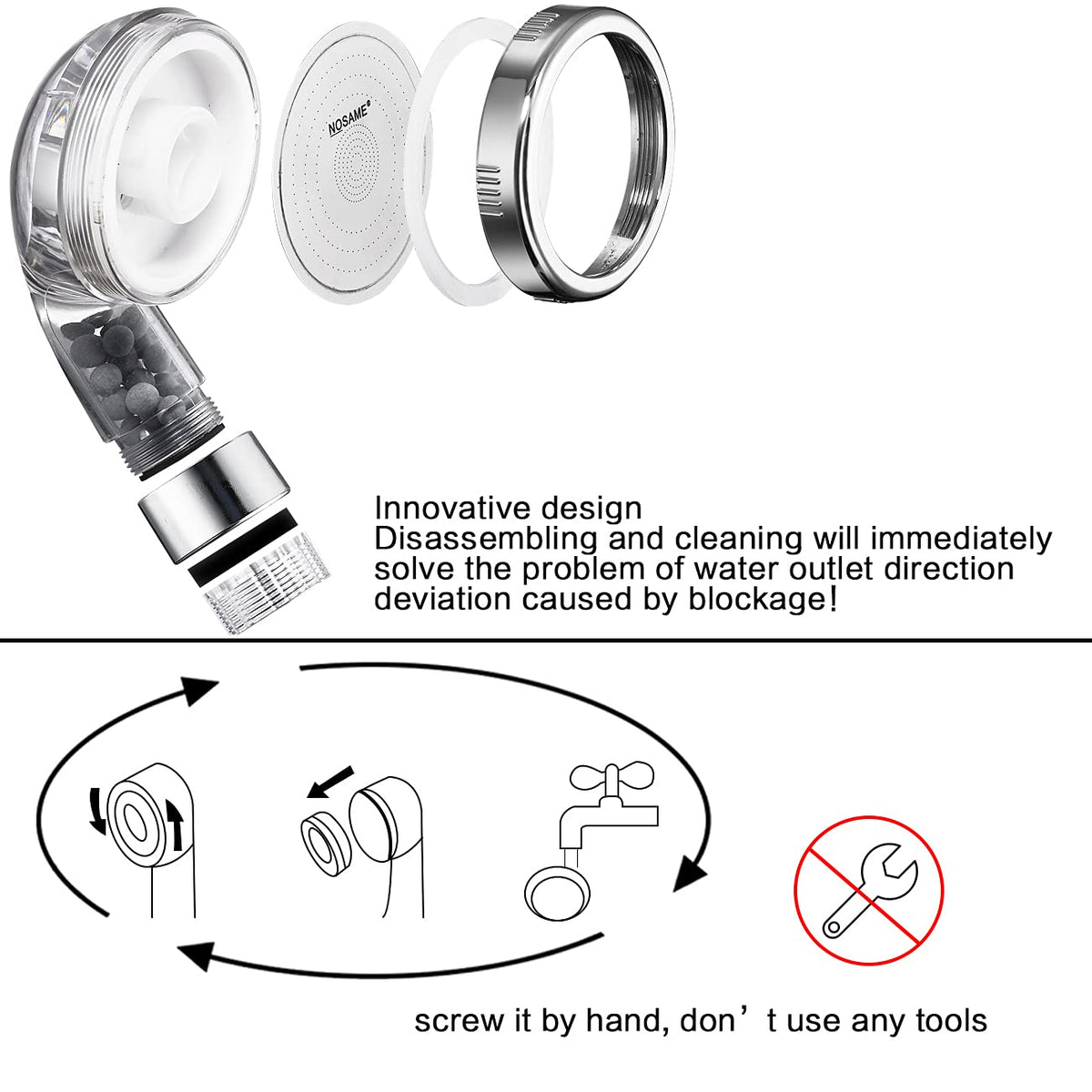 NOSAME universal-fitting shower head attaches to standard hoses