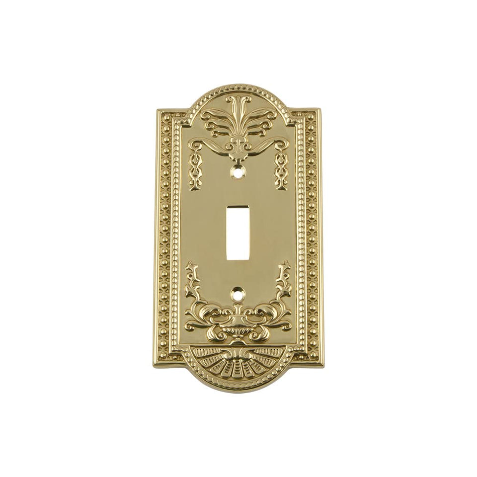 Nostalgic Warehouse Meadows switch plate detail, brass craftsmanship for vintage appeal.
