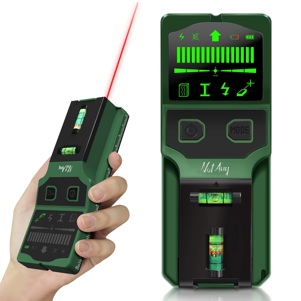 NOTANY stud finder LCD display shows rivet center clearly for precise drilling.