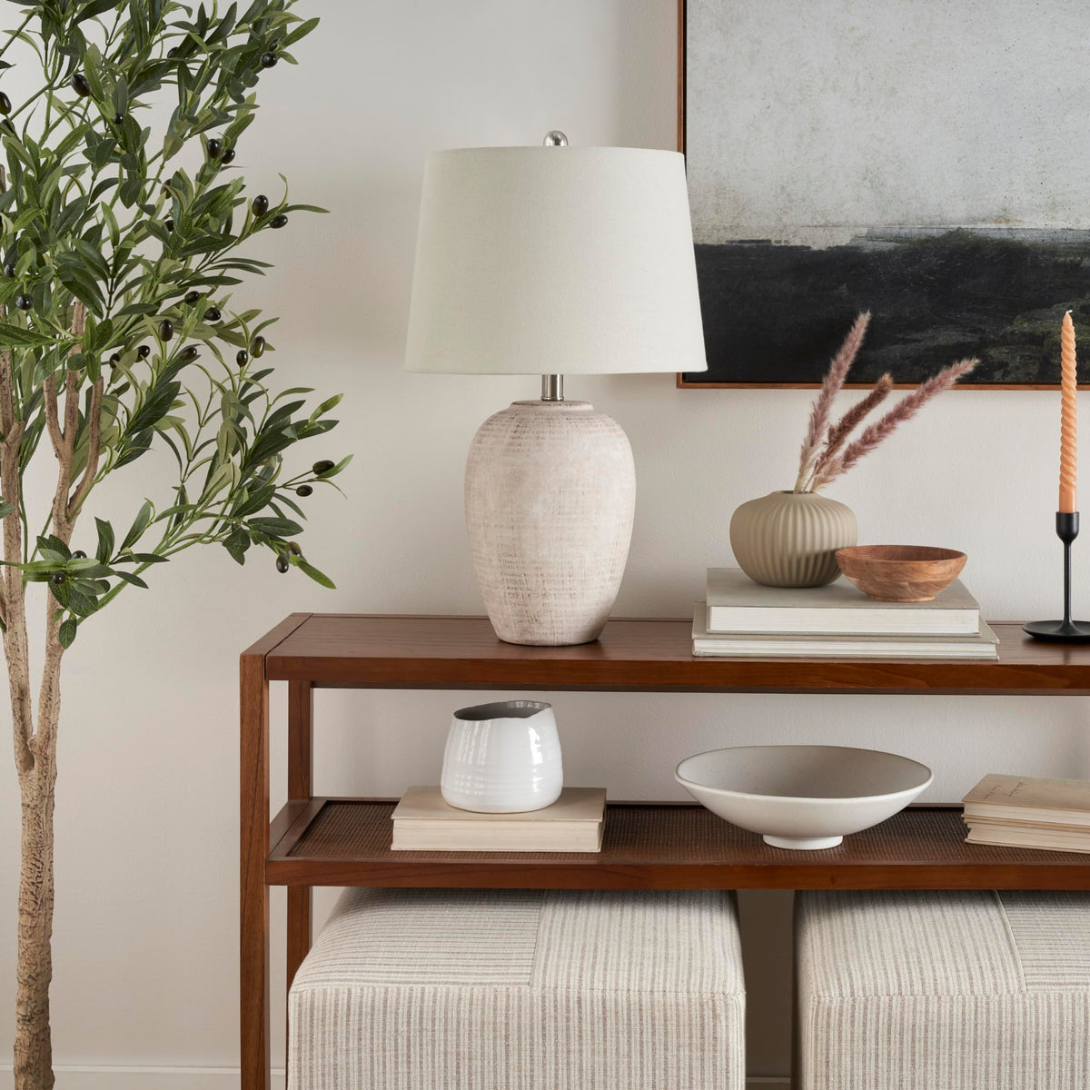 Nourison Home 3-way switch lamp offers versatile lighting options.