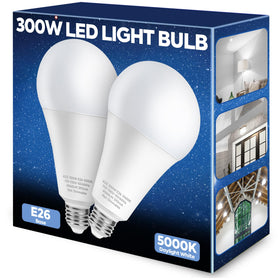 Nouscan 300W equivalent LED bulb front view shows bright daylight for garages and shops