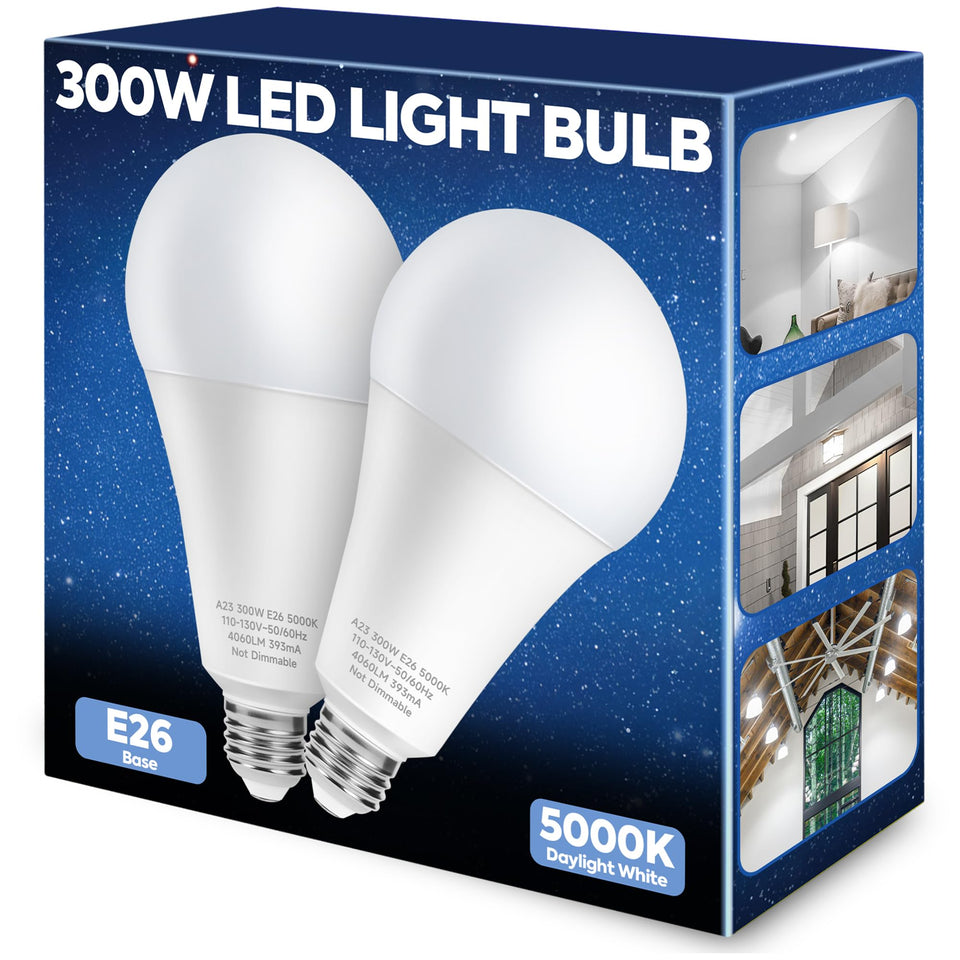 Nouscan 300W equivalent LED bulb front view shows bright daylight for garages and shops