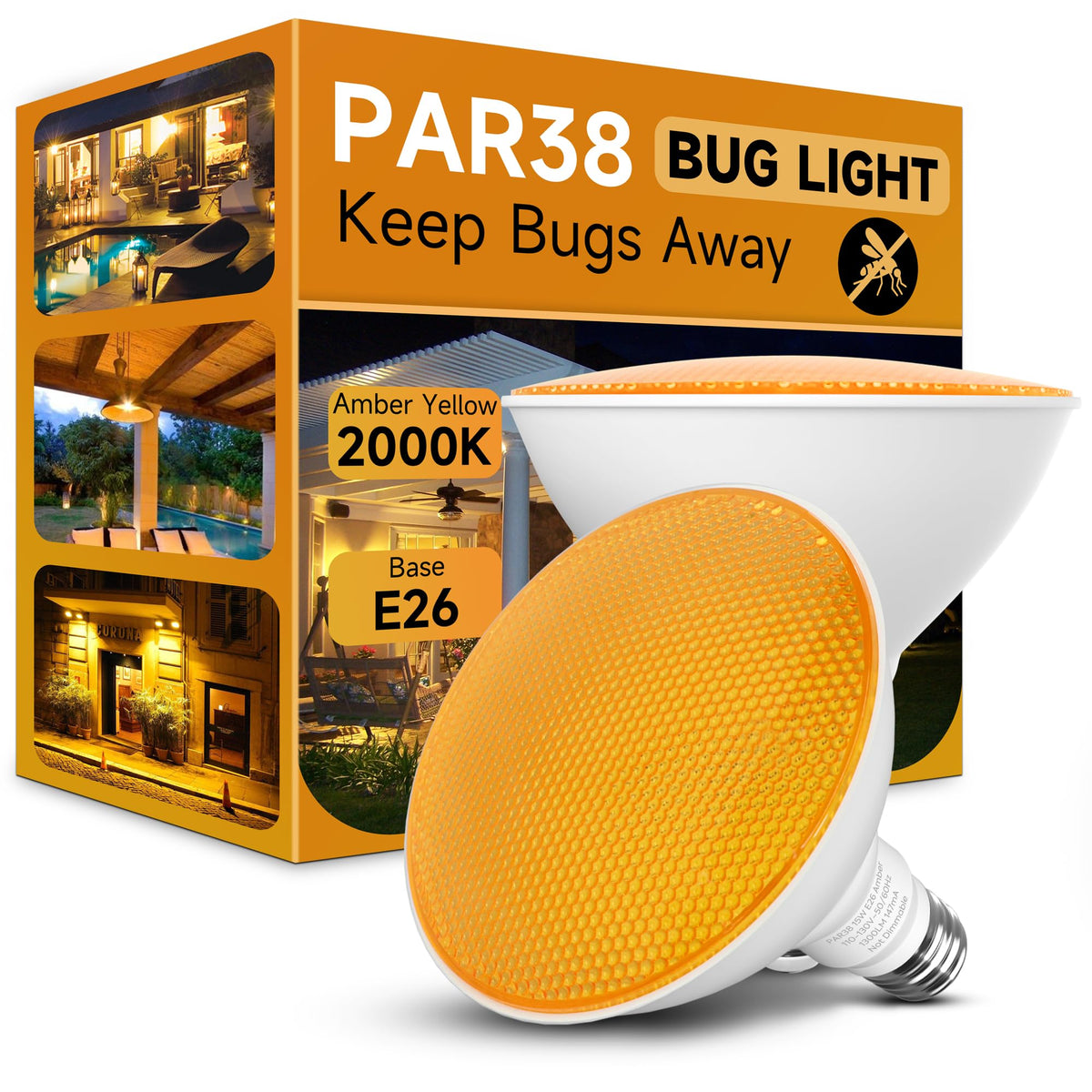 Nouscan PAR38 bug light emits amber glow for outdoor bug reduction