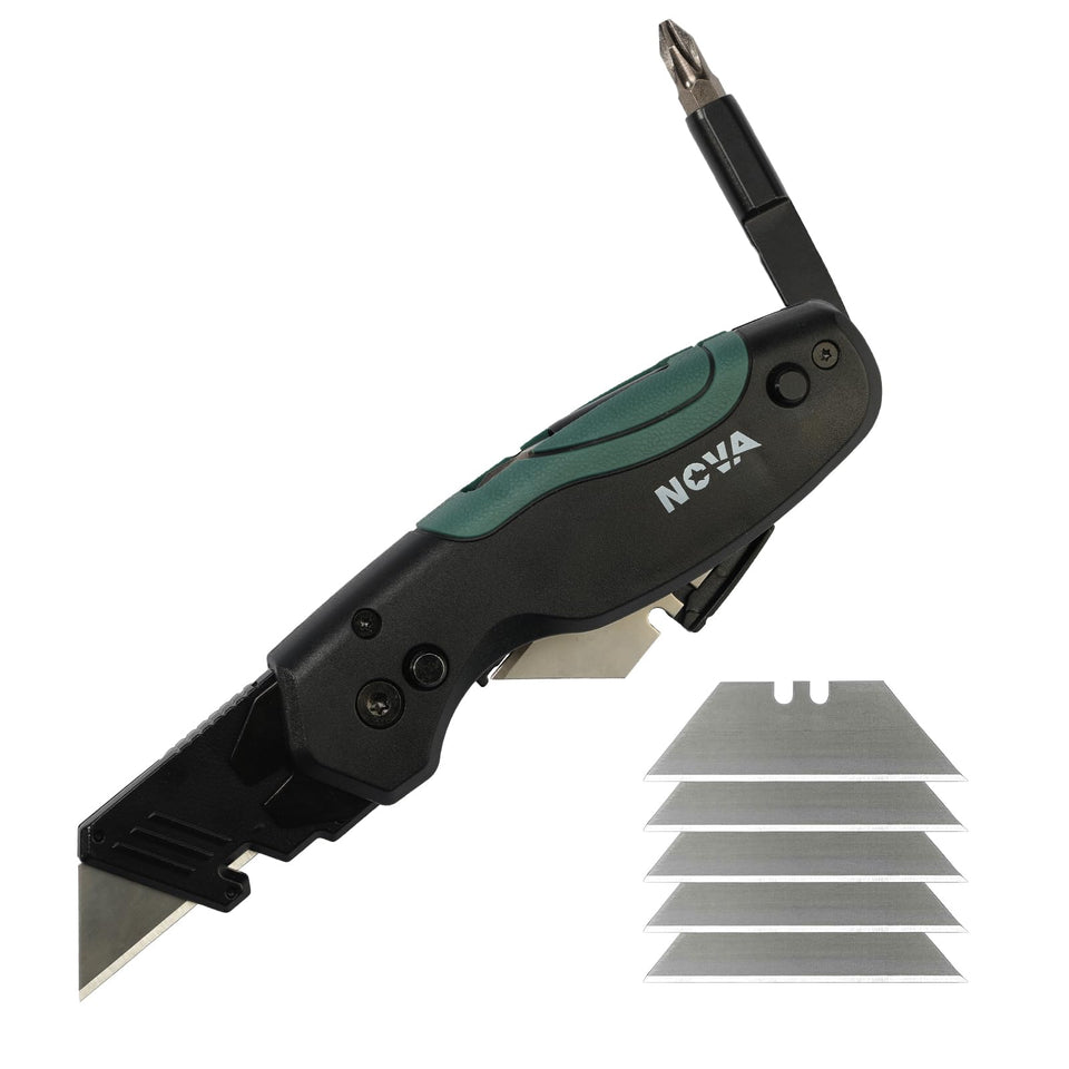 Nova folding utility knife with aluminum handle offers a secure grip for precise cuts.