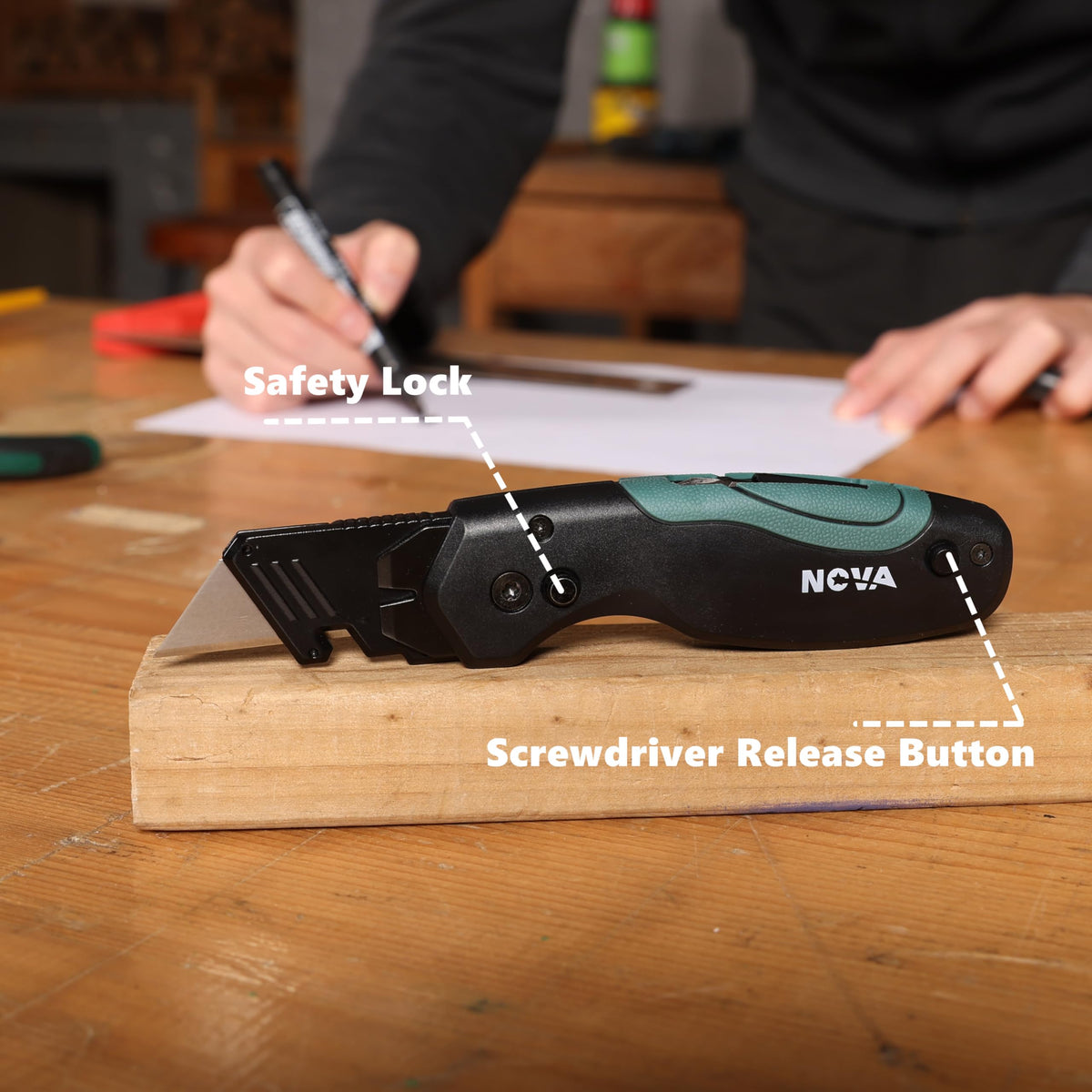 Nova knife includes five extra blades for extended projects.